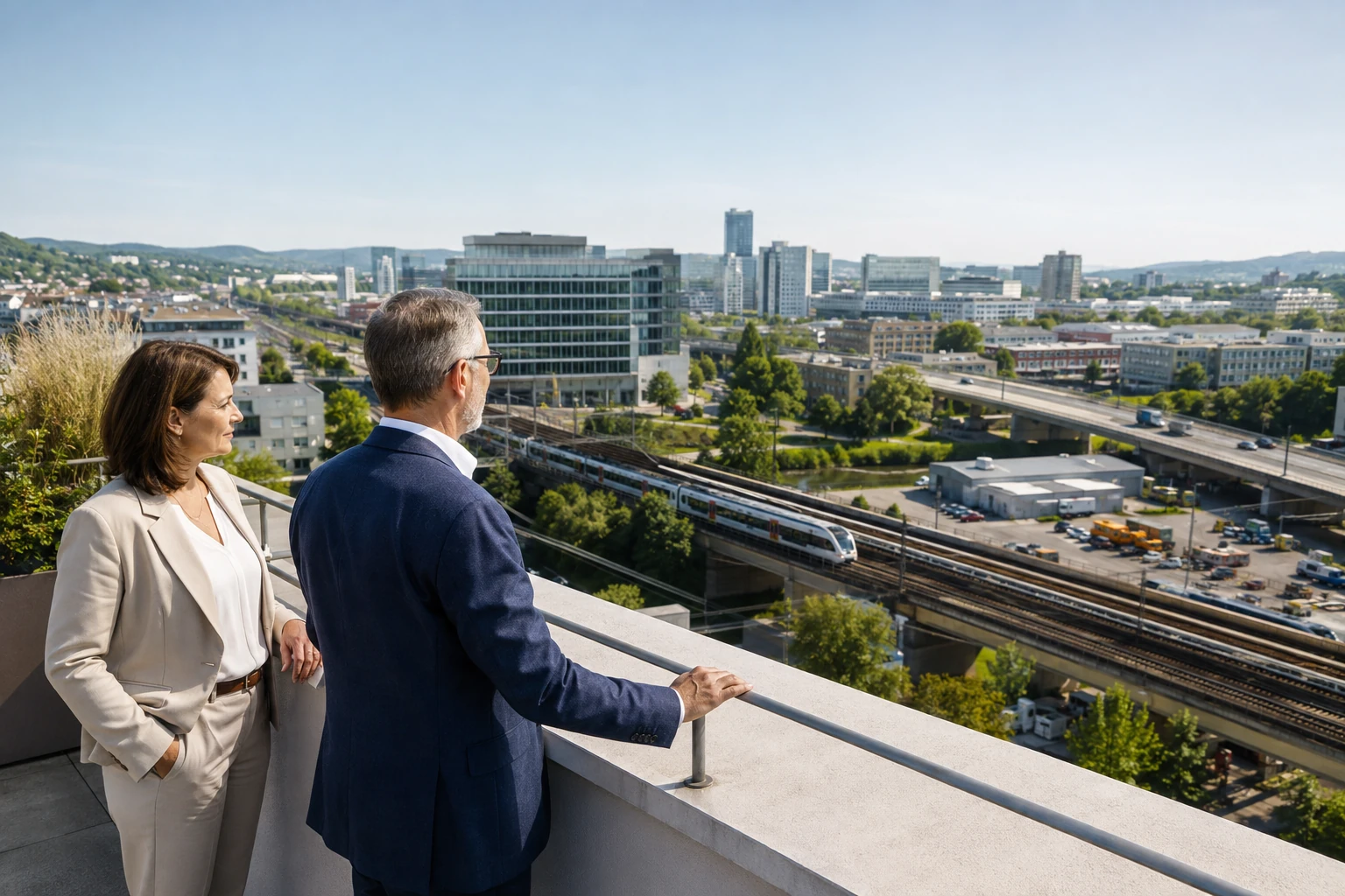 Zwei Unternehmer betrachten ein mitteleuropäisches Wirtschaftsquartier mit Bahn, Brücke und Gewerbestandort